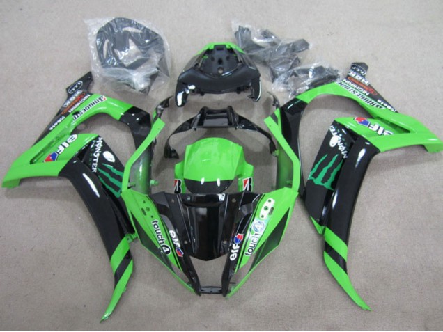 2011-2015 Kawasaki ZX10R Motorcycle Fairings - Green Glossy Black Green Elf Touch4 Monster UK
