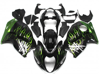 Buy 1996-2007 Suzuki GSXR 1300 Motorcycle Fairings - Glossy Black with Deep Green Flame UK