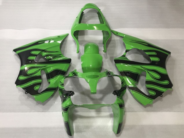 2000-2002 Kawasaki ZX6R Motorcycle Fairings - Green Black Flame UK