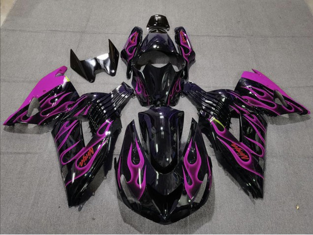 2006-2011 Kawasaki ZX14R Motorcycle Fairing - Glossy Black Purple Flame UK