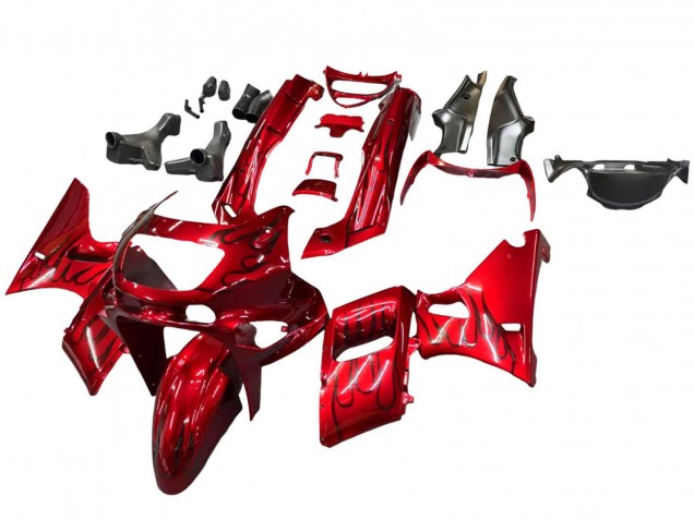 1998-2003 Kawasaki ZZR600 Motorcycle Fairings - Red with Black Flame UK