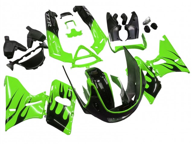 1998-2003 Kawasaki ZZR600 Motorcycle Fairings - Green Glossy Black Flame UK