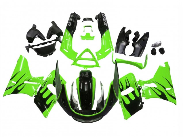 1998-2003 Kawasaki ZZR600 Motorcycle Fairings - Green Glossy Black Flame UK