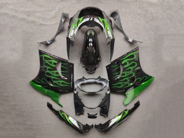 Buy 1993-2003 Kawasaki ZZR1100 Motorcycle Fairings - Glossy Black Green Flame UK