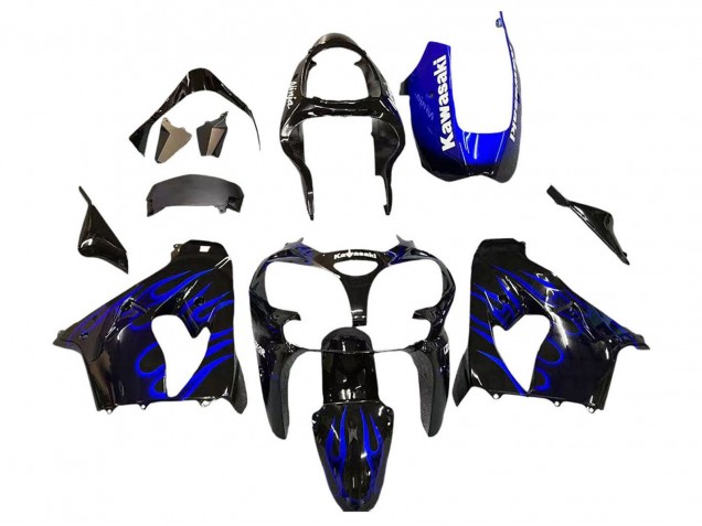 2000-2001 Kawasaki ZX9R Motorcycle Fairings - Glossy Black Blue Flame White UK