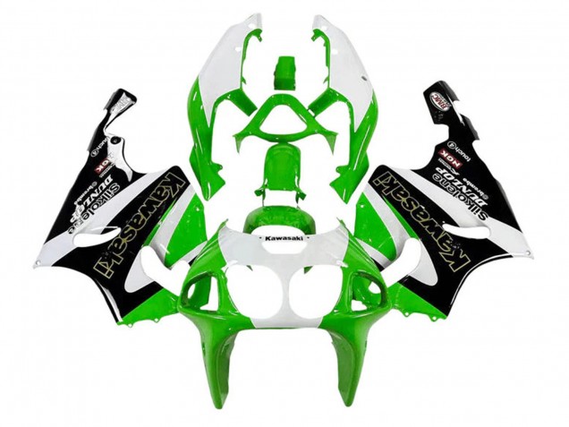 1996-2003 Kawasaki ZX7R Motorcycle Fairings - White Green Black Gold Silkolene Dunlop UK