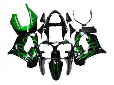 Buy 2002-2003 Kawasaki ZX9R Motorcycle Fairings - Black White with Green Flame UK