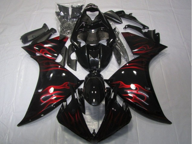 2012-2014 Yamaha YZF 1000 R1 Motorcycle Fairings - Glossy Black Red Flame UK