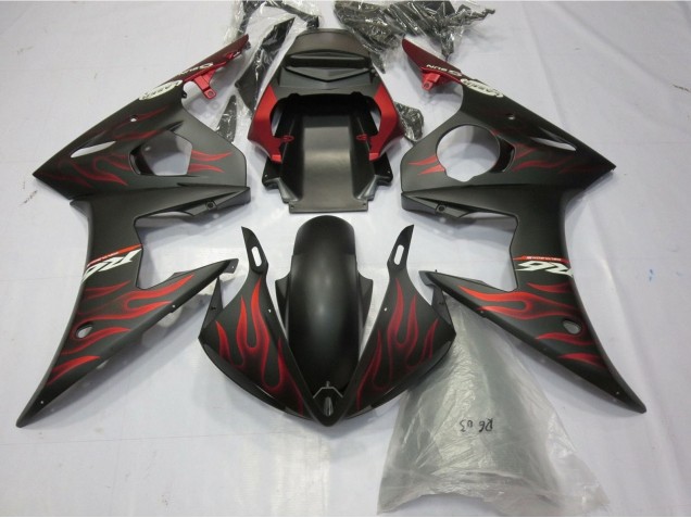 2005 Yamaha YZF R6 Motorcycle Fairings - Matte Black Matte Red Flame UK