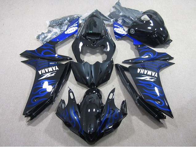 2007-2008 Yamaha YZF R1 Motorcycle Fairings - Glossy Black Blue Flame UK