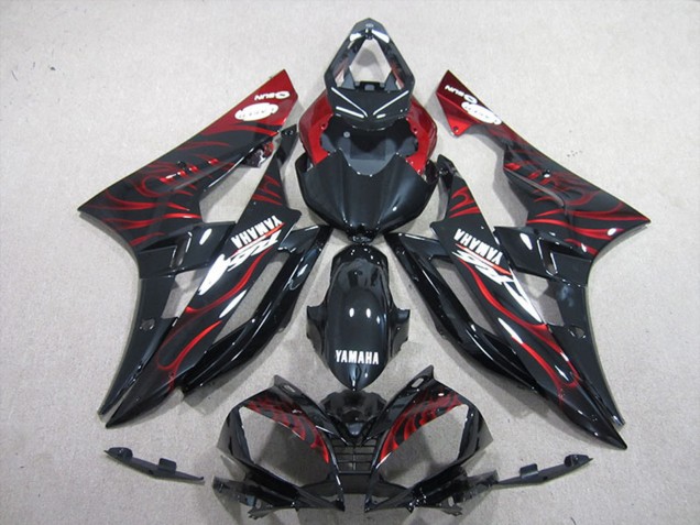 2006-2007 Yamaha YZF R6 Motorcycle Fairings - Glossy Black Red Flame UK